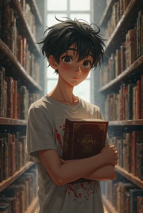 A boy of 18 years old leading "KIM"book on the library wearing a shirt writting "KIM" 