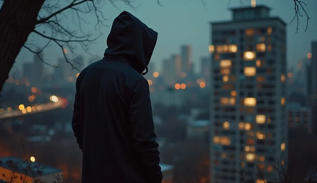  mysterious man, wearing a long black jacket with a face but a man with a hood in all black, his face hidden in the shadows of his large hoodie, stares at an apartment in the city from a tree, late evening lighting, hyperrealistic, 32K UHD, warm tone, bloc...