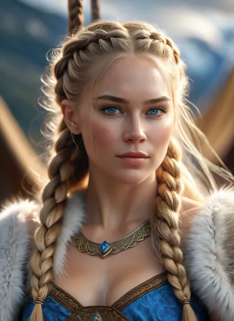 a beautiful woman with long golden hair and braids, wearing a fur dress, blue eyes, a gorgeous face, and a sexy, athletic body, (best quality,4k,8k,highres,masterpiece:1.2),ultra-detailed,(realistic,photorealistic,photo-realistic:1.37),1girl,goddess,viking...