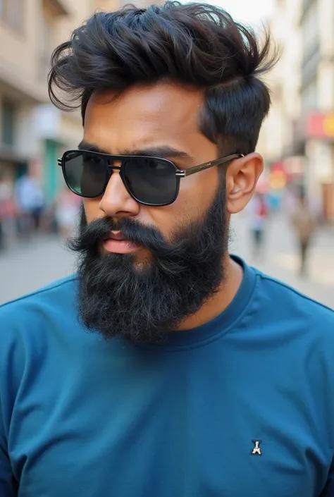 there is a man with sunglasses and a beard wearing a blue shirt, a picture inspired by Kailash Chandra Meher, trending on dribble, realism, with sunglass, with accurate face, about 3 , very very low quality picture, portait photo profile picture, around 1 ...