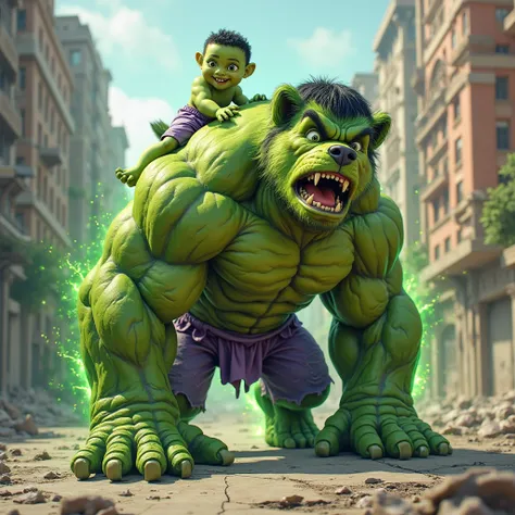 Ful altra hd image,A colossal, muscular dog inspired by the Hulk, covered in vibrant green fur with veins subtly glowing with gamma energy. The dog’s body is bulky and powerful, with a slightly torn purple cloth around its waist, resembling Hulk’s iconic s...