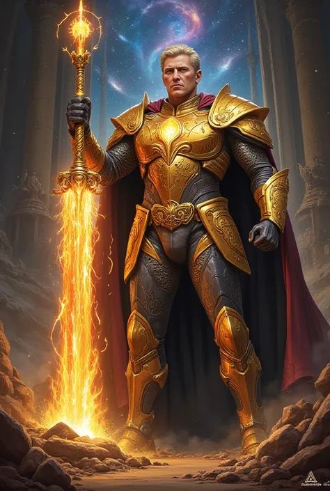 **Prompt:**  

Create a highly detailed and majestic illustration of the President of the United States depicted as a powerful, god-like king. He should be adorned in regal armor infused with cosmic energy, featuring intricate golden engravings and a flowi...