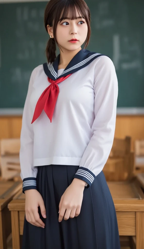 (cowboy shooting)、 alone、( Japanese girl)、Beautiful woman with short hair,(  school uniform)、無地 shirt、   shirt  , pleated skirt with index finger, (( Inside a school classroom )),(close eyes)、(((Get a good night's Sleep)))、(((weak)))、((Sleep))、((居Sleep))、(...