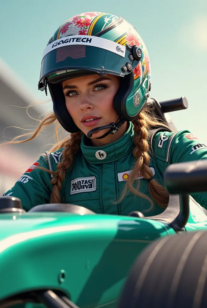 Create a female F1 pilot with a Sakura design helmet combined with green colors and sponsored by Logitech