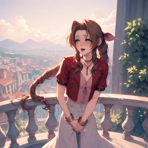 (best quality), (very aesthetic), (ultra-detailed), (best illustration), Aerith naked ,Trembling with pleasure, Masturbating while standing (outdoor balcony) the eyes are open with pleasure