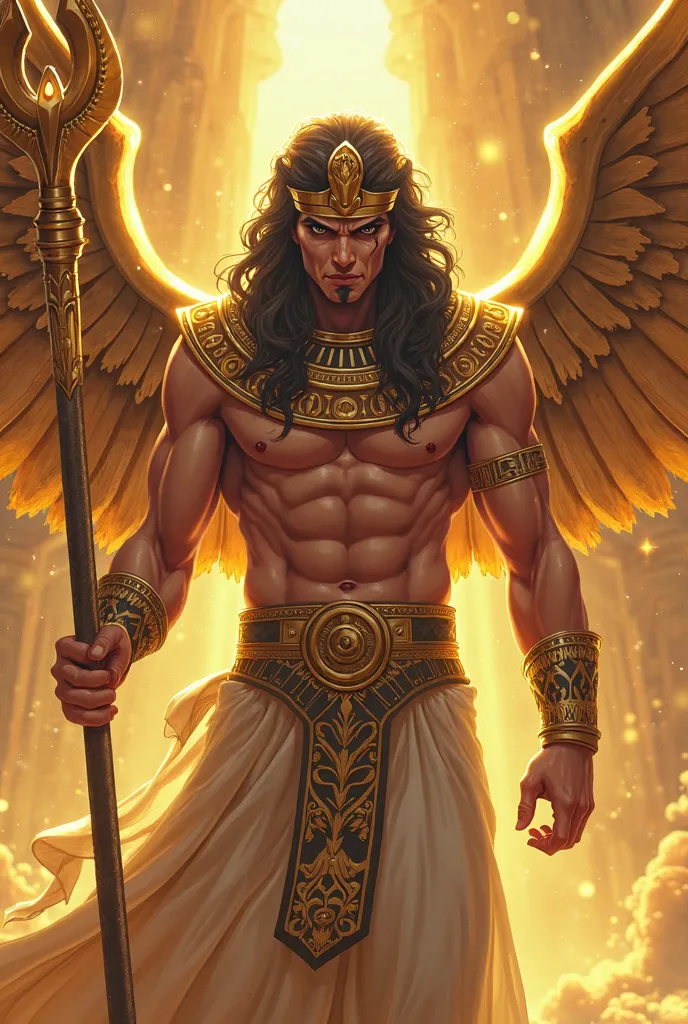 Make a pharaoh, strong, high, big black hair, black eyes,  gold props , an Egyptian crown, with a divine aura, golden aura , using a gold staff, with an angry expression, anime style, golden angel wings, man, Expression hate 