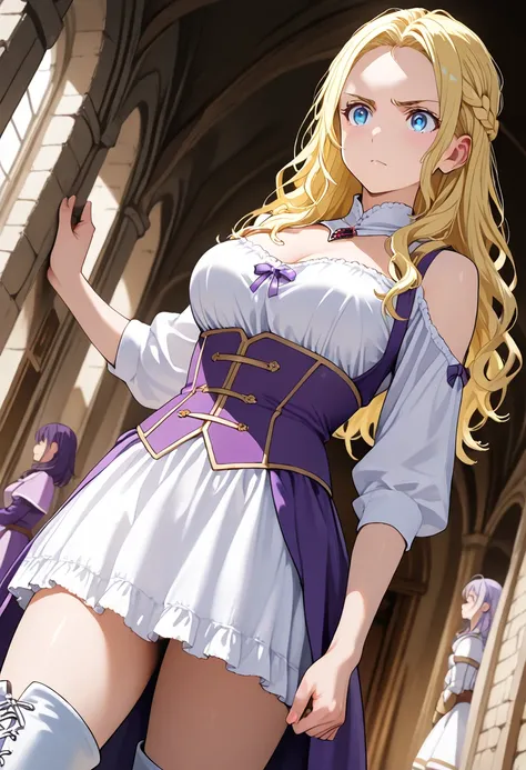 1 people, ONLY one person, ushio kofune, long hair, wavy hair, blond hair, braid, blue eyes, in a castle, medieval noble, medieval princess, white dress, white boots, thigh boots, whaite and purple outfit, fantasy magician outfit, dominant, confident, unde...