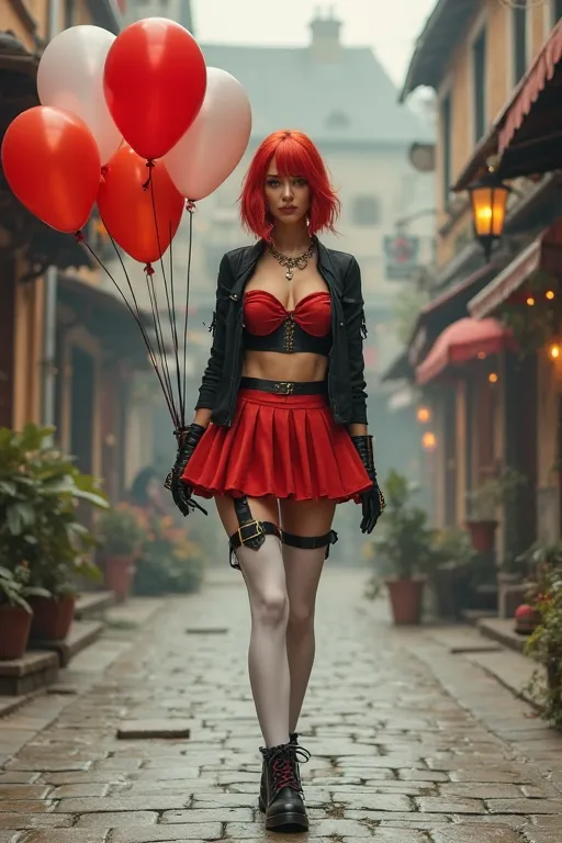 Pretty Slim Steampunk female, red shoulder length hair, revealing red/black crop top, short open black jacket, red pleated mini skirt, white stockings attached with black garter straps, black boots with brass detail, walking down a steampunk village street...