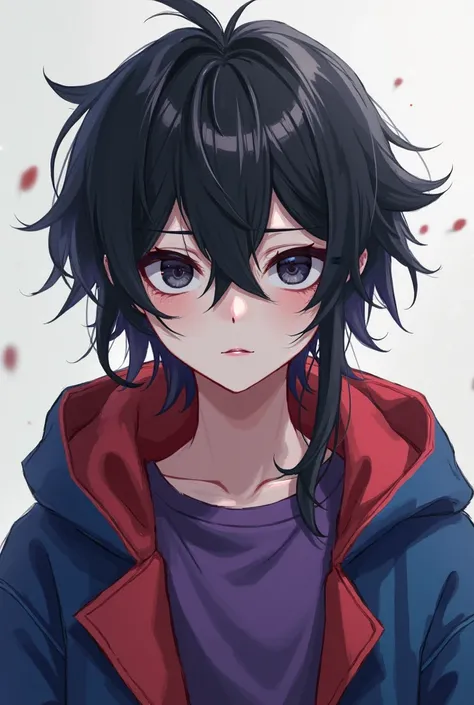  white-skinned anime boy ,  hair with black eyes, black hair,  woman's face , blue and red jacket and purple t-shirt 