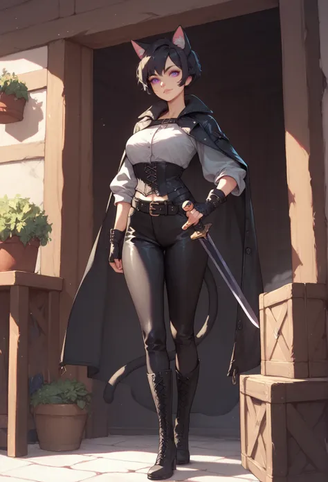 1woman, catgirl, short black hair, cat ears, purple eyes, grey cuffed shirt, black corset, leather belt, sword sheathed, attached to belt, black trousers, black leggings, black knee-high boots, cat tail