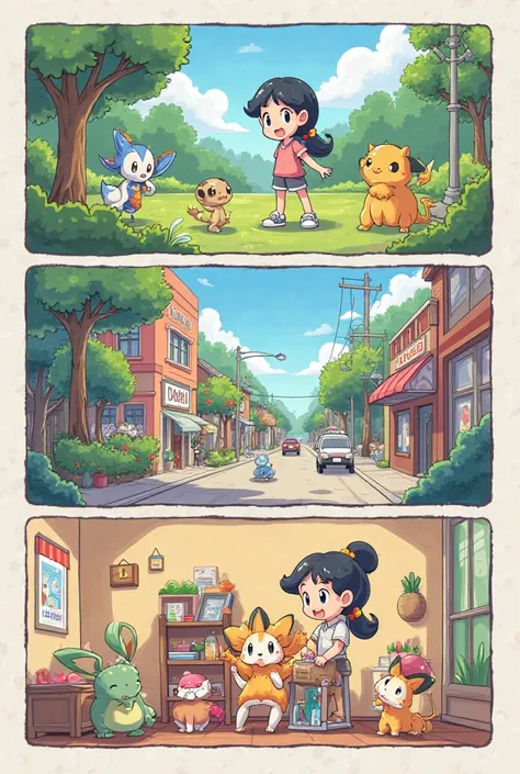 create a basic simple cartoony 3 panel comics about a girl Pokémon trainer

