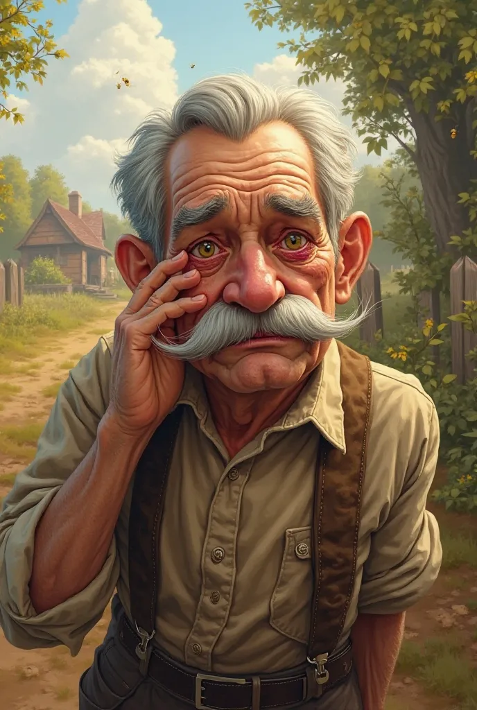 A mustachioed ager who was bitten in the eye by a bee 