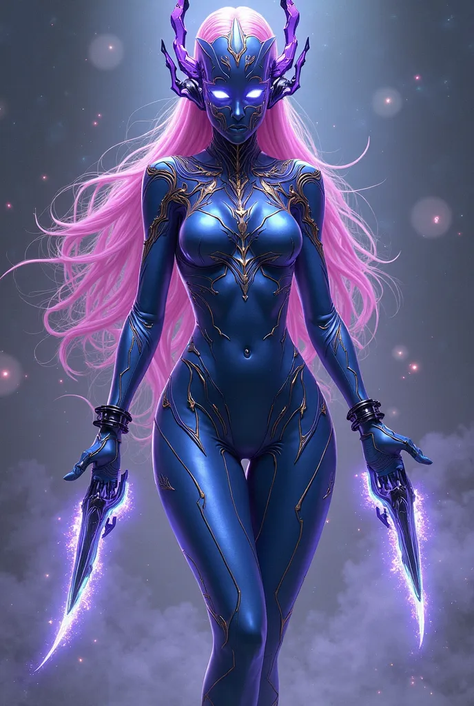 *"Create an illustration of a majestic futuristic and cosmic character, blending advanced technology with supernatural power. The character wears a form-fitting bodysuit in deep blue, adorned with glowing neon blue energy patterns, giving a cybernetic appe...