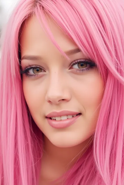 medium close up photo realistic hilary young, pink long hair, fine hair detail, hairstyle, perfect eyes, sensual lips, nose, (perfectly sharp:1.3), realistic textures, (deep focus, focus on background:1.5), 8k uhd, dslr, ultra high quality image, film grai...