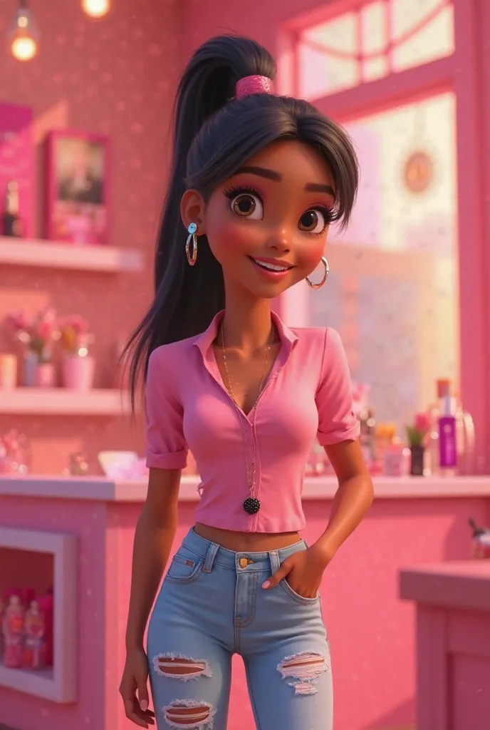 
"A vibrant and welcoming animated scene in the Pixar style. a smiling young woman,With round cheeks with made-up brown skin and long, black tied hair, wear a pink blouse personalize with a blackberry with a feminine and modern touch with a blackberry on h...