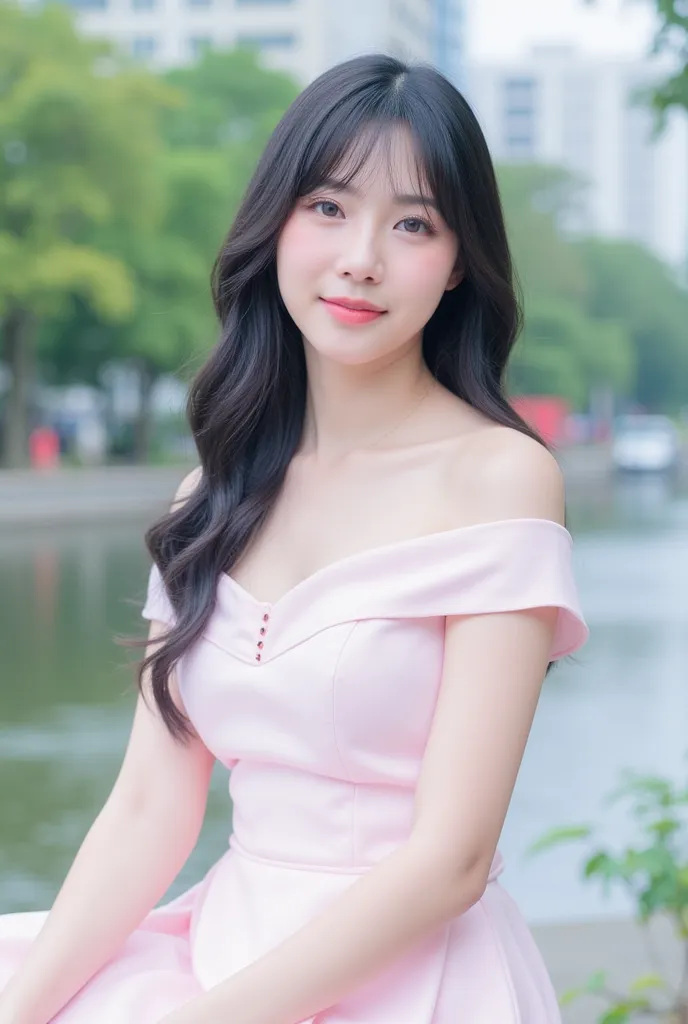 ((White Miko Dress, 8k, excellent work :1.3)), 1 girl, smile, whole body, Slender face,  Pretty Woman Dress, ( black hair),  Half Body Photo , High Detailed Face, fine eyes, Blurred background, Slender face, city, external,  Nature, Light pink dress