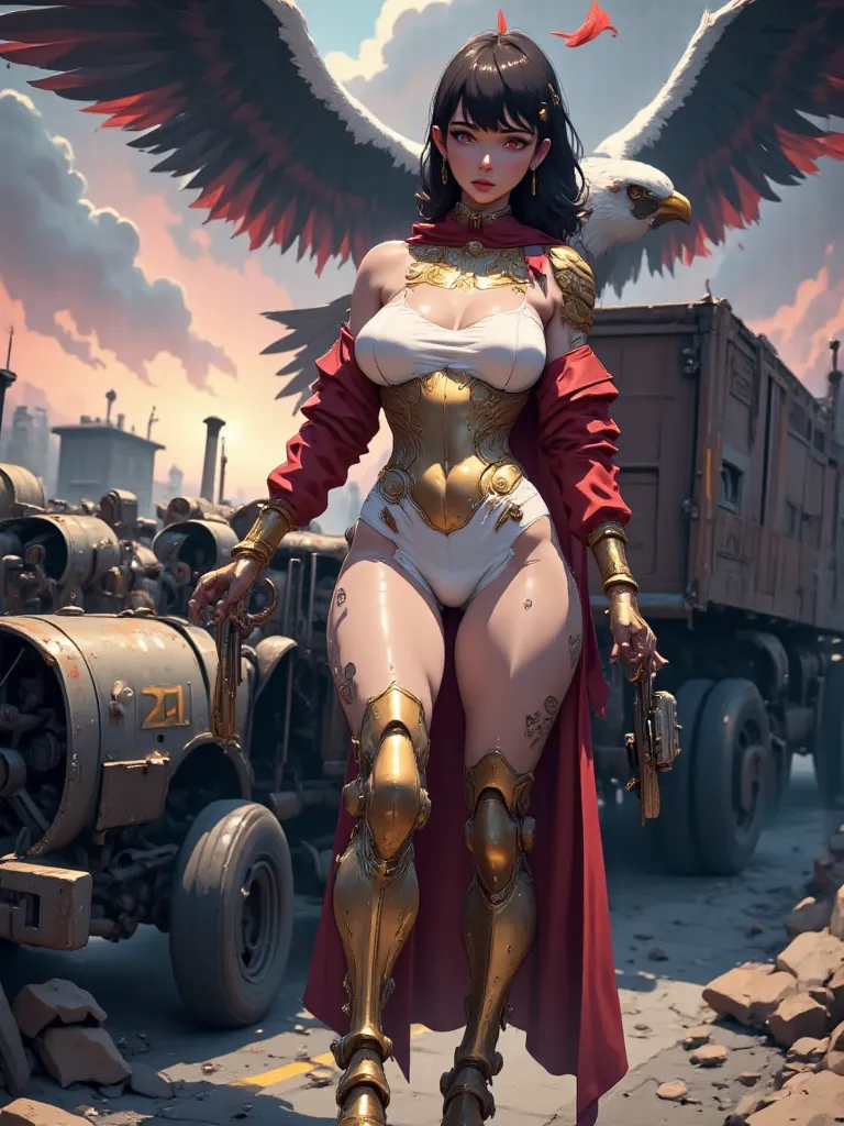 - Main Character, "Korean" Adult Woman, Beautiful, Tall, Long Legs, Pink Eyes, Black Hair. Accessories Like a Red Bird's Crest on the head.

- Wearing a costume ("Full Sexy Armor").
(The Chest and Thigh Armor are slightly open).
Futuristic Costume Design.
...