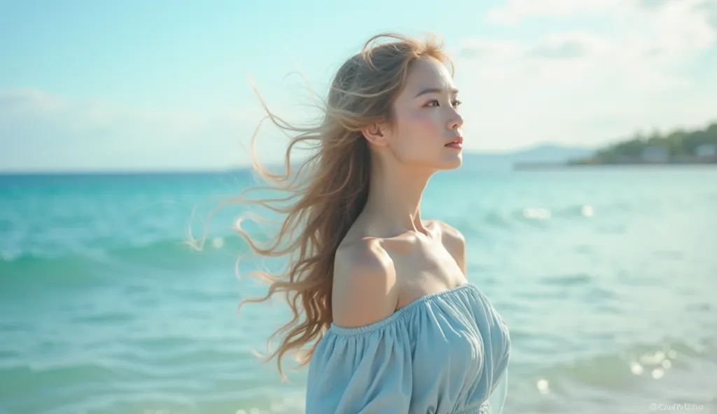 [Subject]: A beautiful young woman wearing a light blue dress
[Details]: She has a delicate and graceful appearance, with a soft and gentle expression
[Environment / Background]: Standing by the seaside, with the ocean waves and sky in the background
[Ligh...