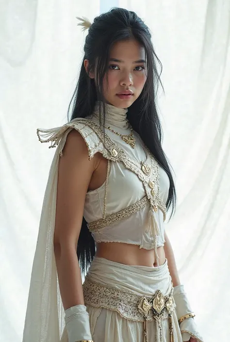 Live portrait of a Thai warrior, Age 22 years , car (สตรีไทยcar) long black hair, black eyes, slim figure,  small breasts, car antique white warrior armor, White Back Cover, Archery