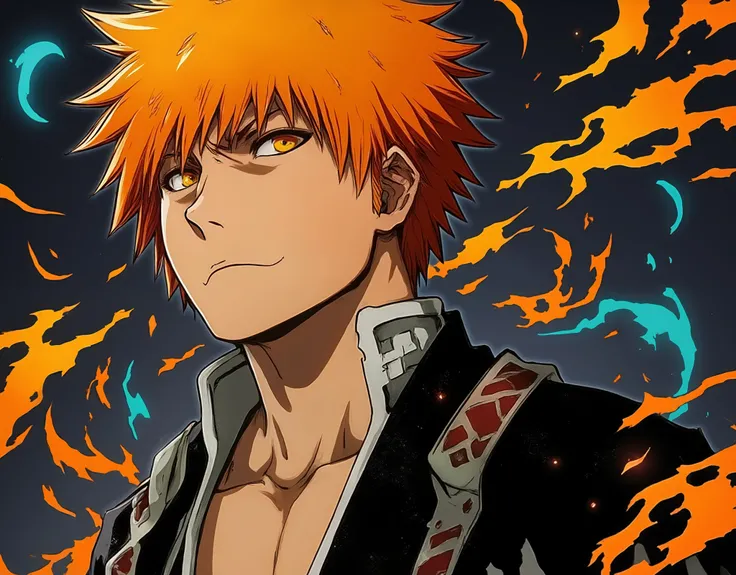 Ichigo kurosaki, back view, looking at viewer, vibrant colors, dramatic lighting, detailed facial features, intricate character design, muscular physique, flowing hair, intense gaze, photorealistic, 8K, cinematic, masterpiece, hyper-detailed, professionall...