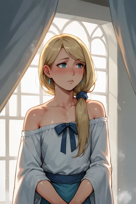 score_9, score_8_up, (candydoII boy with milfy slim body), flat puffy thicc man-chest:1.2, puffy flat chest, solo sugar femboy w/ mature body, (anime mature femboy with pale-blonde smooth-straight mid-long hair with swept bangs:1.2), loose low ponytail, (f...