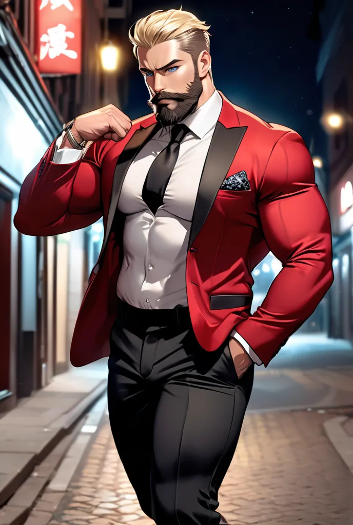  handsome man, blonde,  SHORT HAIR, bearded, wearing a red suit, black tie,  black pants,  perfect eyes , dancing, The left hand in the pocket, At night on an empty street, beleza perfeita, Athletic and muscular physical size,  wide shoulders, strong chest...