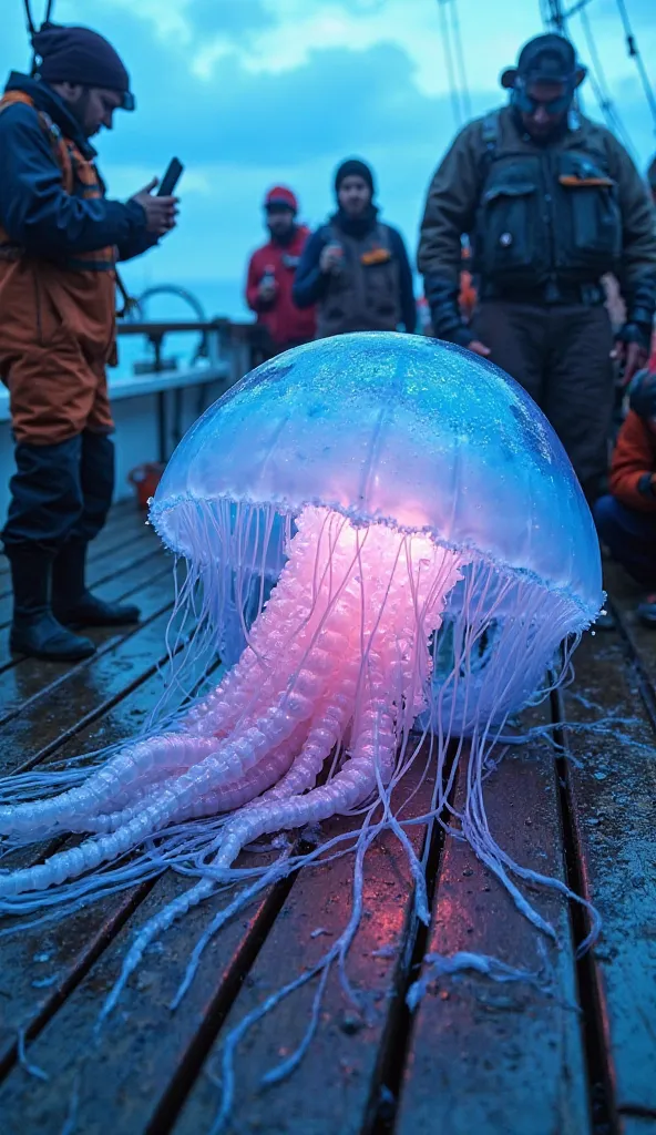 "A gigantic, translucent jellyfish with glowing blue and pink hues rests on the deck of a fishing ship. Its long, flowing tentacles drape over the wet wooden planks, pulsating with an ethereal glow. The sunlight shines through its semi-transparent body, cr...