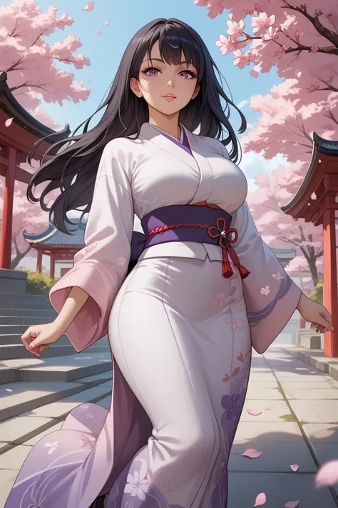 Japanese woman with big breasts in Japanese clothes, big butt, dark hair, long hair, is walking gracefully in front of Japan's beautiful cherry blossoms and temples．I'm wearing clothes with a purple cherry blossom pattern cut out on my lower body．Also、Cher...