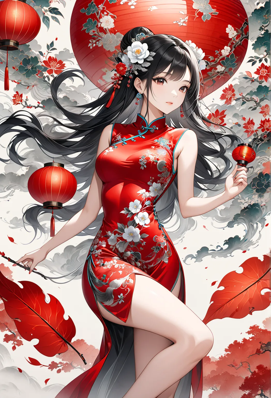 
      wearing red cheongsam (long silk cheongsam with colored and silver embroidered flowers )Oriental beautiful girl,Have perfect anatomy,beautiful and elegant masterpiece of art, background is(minimalist abstract flat)abstract fuzzy giant leaf oriental ...