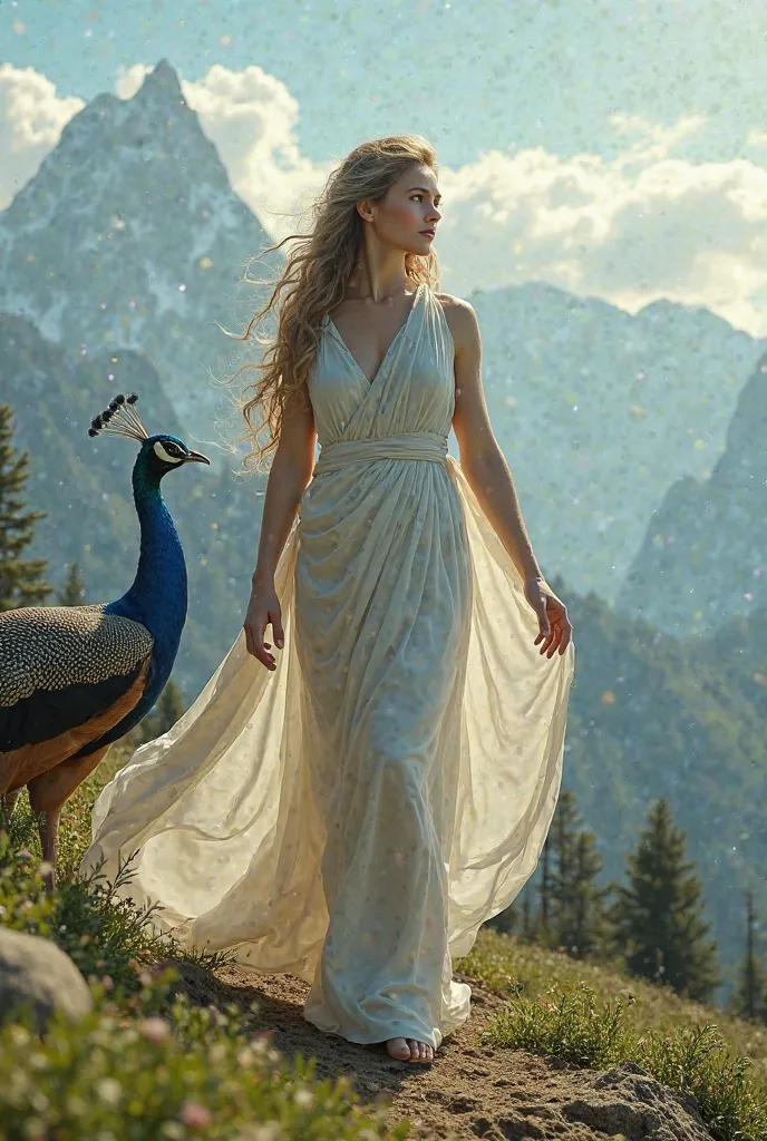 a beautiful woman representing the Greek goddess Hera, Walking on Mount Olympus, behind it a giant 3-meter peacock accompanies it. Realistic and photographic image, dancing.