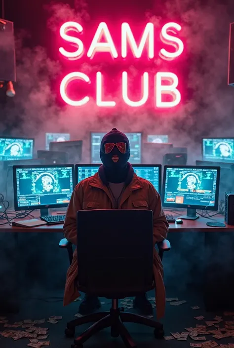 A man wearing a ski mask sits in a room filled with computer monitors, surrounded by smoke, with a neon sign that says "SAMS CLUB".

The scene is composed in a stylized, downtown los angeles pent house view, with the man positioned concentrated on the scre...