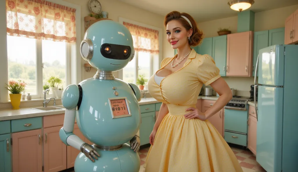 A beautiful, elegantly dressed 1950s housewife standing in a retro-futuristic kitchen, smiling warmly while posing with her trusty vintage-style home assistant robot. She wears a classic pastel yellow dress with puffed sleeves and a delicate pearl necklace...