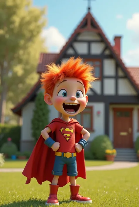 a surreal 3D animated image. A  boy, skinny body, wearing a superhero costume, messy red hair, crazy expression, loud mouth is standing in the yard. The scene is a European style house.