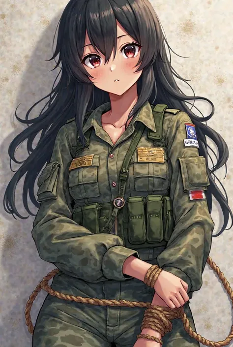 female soldier
The figure of being caught by an enemy and tied to the body and arms with a rope
Clothes are camouflage clothes
I have a wound on my body、The figure is bleeding after being shot by a gun

The hair color is black hair long

In anime style