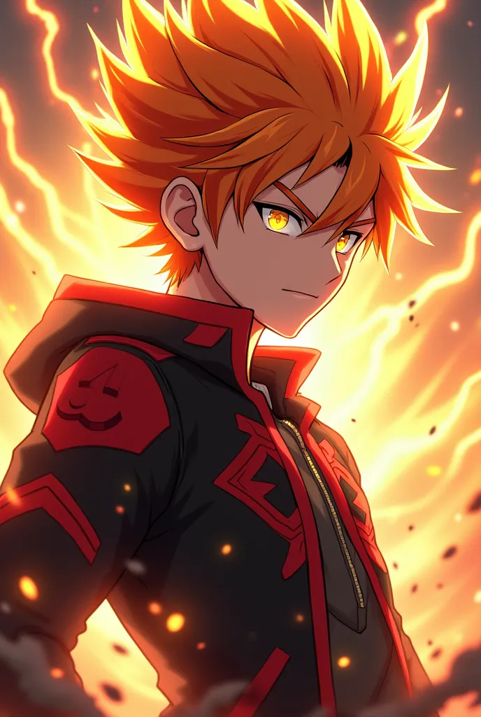 anime male,red-yellow hair,golden eyes,Black and red jacket,Lightning Aura