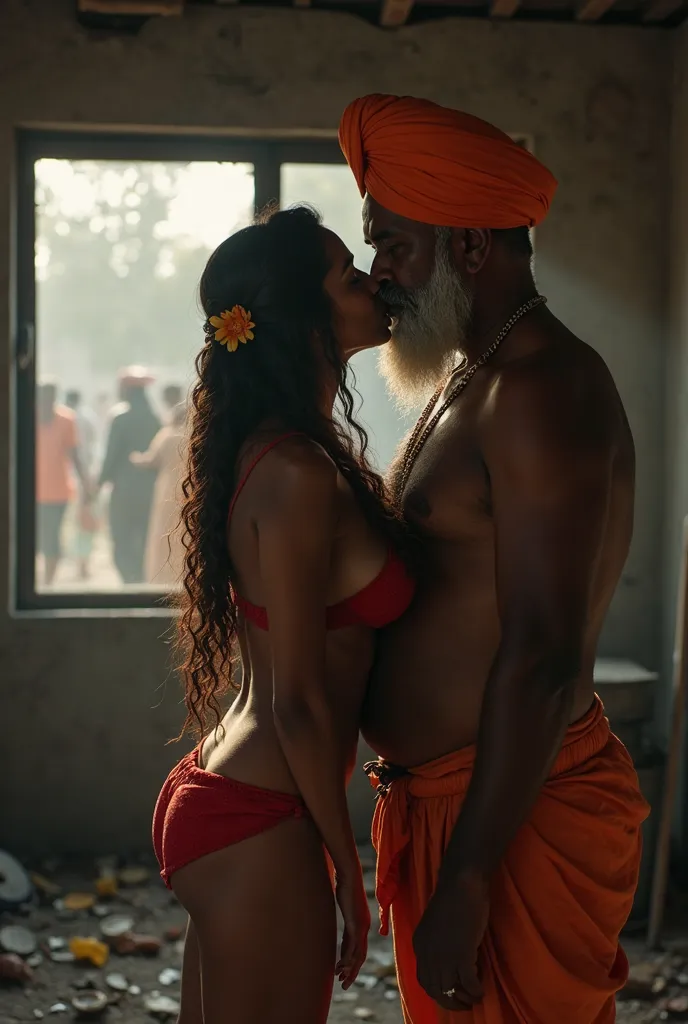 Realistic image. Sexy, tall, beautiful , slim, dark brown skin, long wavy braided hair, south indian woman, flower in her hair, in sexy red lingerie kissing with a Grandpa. The Grandpa is a tall, obese, hairy Sikh in an orange Turban and orange underwear a...