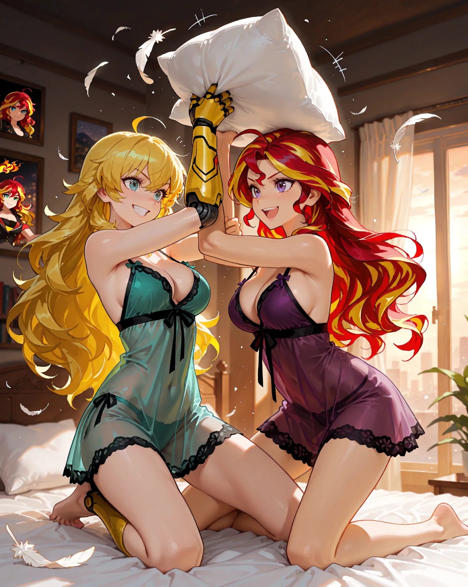 Masterpiece, best quality, 2girls, couple, (Sunset Shimmer\taller, two-tone hair, long red hair with yellow stripes, (teal eyes), (human arms:1.22)), (Yang Xiao Long\shorter, messy blonde hair, long blonde hair, (purple eyes), prosthetic arm), 2 women wear...