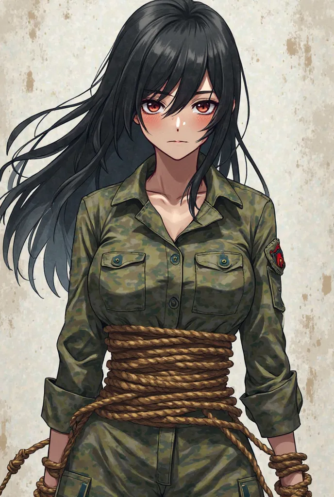 female soldier
Figure of her body and arms being tied round and round by a rope
Clothes are camouflage clothes
I have a wound on my body、The figure is bleeding after being shot by a gun

The hair color is black hair long

In anime style