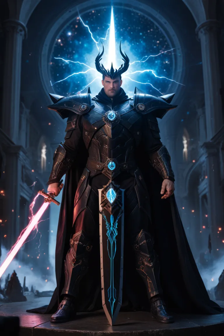 **Prompt:**  

Create a highly detailed and dramatic illustration of Germany’s president depicted as a powerful, regal king wielding a cosmic dark energy weapon. He should be adorned in an imposing, futuristic royal armor with intricate Germanic designs, g...