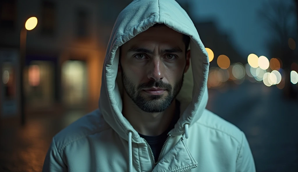 Portrait homme avec cagoule, mysterious handsome man, wearing a long white jacket with a face but a man with a hood glowing white, his face hidden in the shadows of his large hoodie, his face shows in the shadows of his hoodie while he stares, late evening...