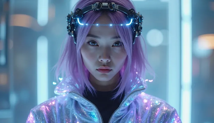 Best quality 8k young woman lilac hair with LED headset and holographic jacket she is centered looking directly at the camera expressionless