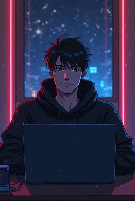 Create an anime-friendly looking male business character who appears handsome and smart. He has a good face and is wearing a black face and a black hoodie Grow with BD. The character is sitting behind his laptop in his studio , with his arms on the desk. I...