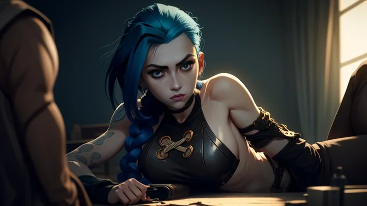 Jinx Character Design, not,  dynamic movements , lying not on her back, peito not,  covers the chest with your hands , swollen , in this, kitten, pose sexy, pretty figure,  Unlucky Arcane , Faíscas azul bright e roxas ao redor, olhos brights, Pink olhos br...