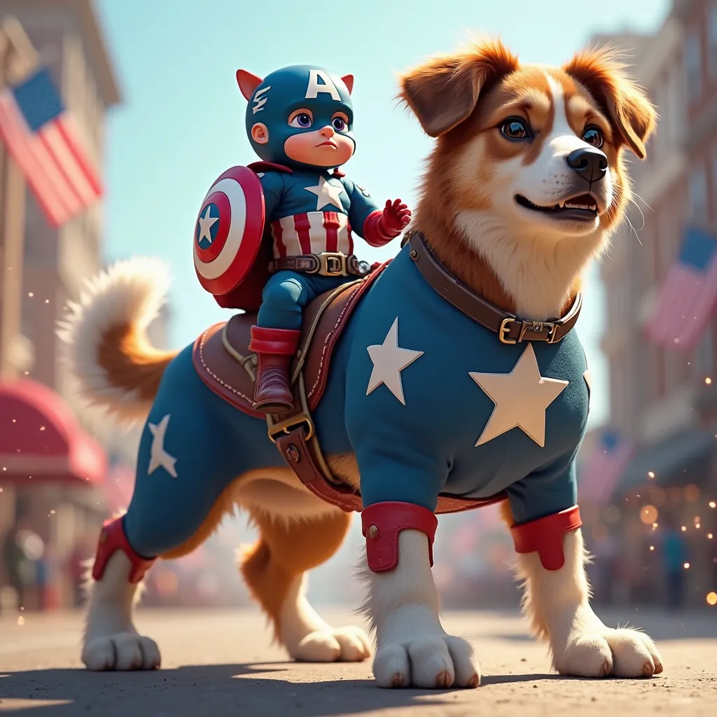 Ful altra hd image,A large, strong dog inspired by Captain America, with a sleek fur coat patterned in red, white, and blue. A bold white star is displayed on its chest, and its back features a shield-like pattern resembling Cap’s iconic shield. The dog’s ...