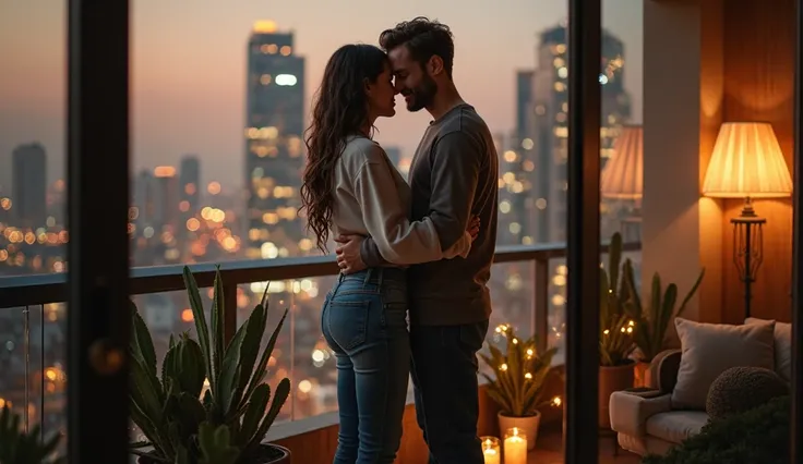 Ultra-realistic full-length photo: 1.3. Front view from afar, full-length from head to toe: 1.3. Highly detailed. 32K. Excellent photo: 1.3. The scene where Andrey and Lena are on the glassed-in balcony. "A young couple stands on a small glassed-in balcony...