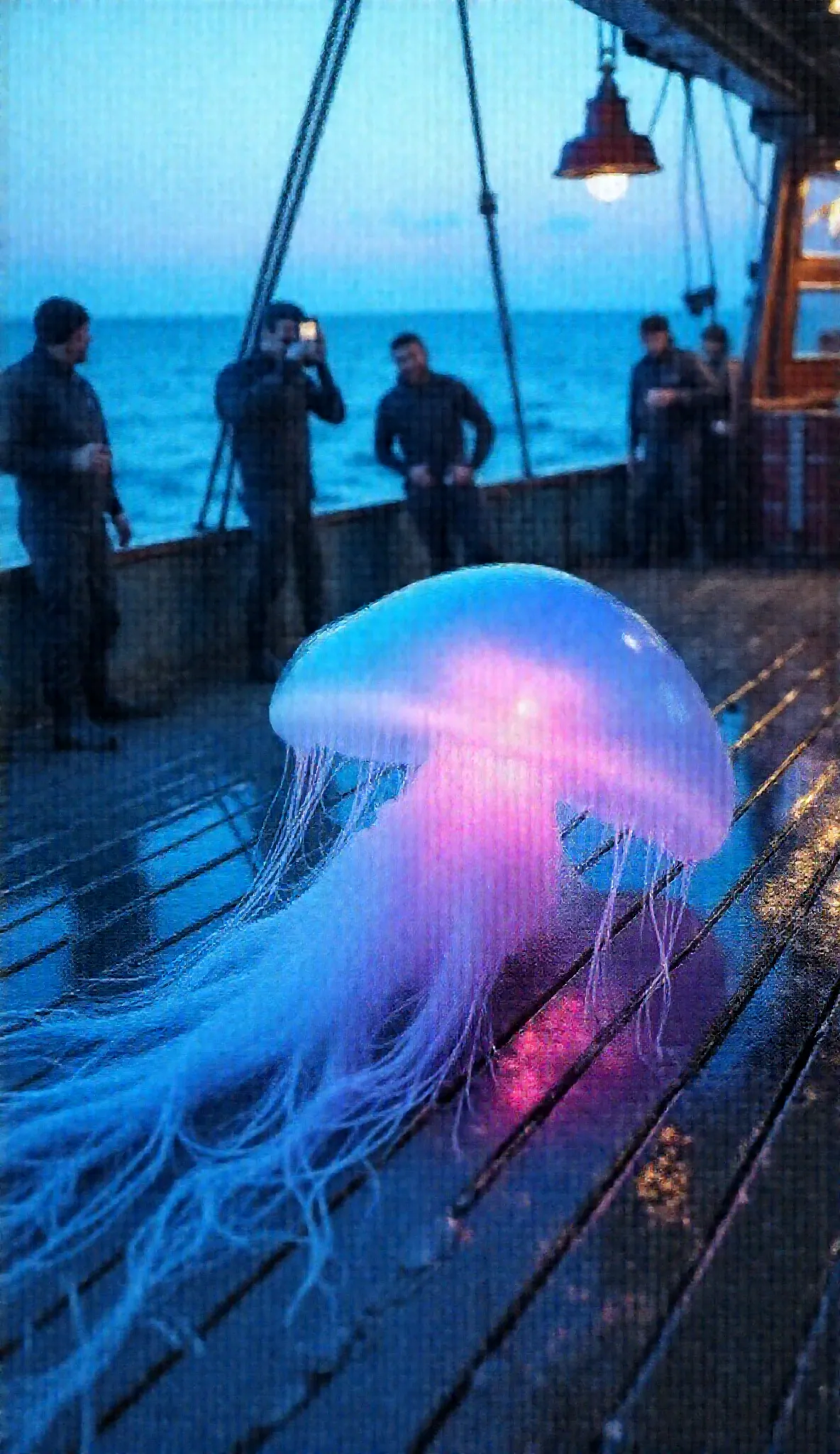 "A gigantic, translucent jellyfish with glowing blue and pink hues rests on the deck of a fishing ship. Its long, flowing tentacles drape over the wet wooden planks, pulsating with an ethereal glow. The sunlight shines through its semi-transparent body, cr...