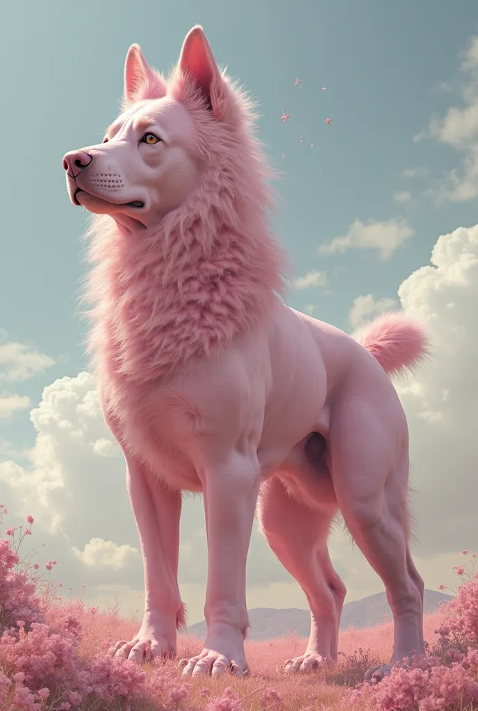 baxer dog without hair completely bald body soft pink skin soft pink body glitters fleshy female stands on 4 legs 1000 meters tall high resolution