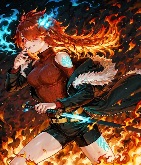 DarkPhoenixDG, , long hair, messy hair, red hair, glowing eyes, flaming eye, yellow sash, aura, magic, fire, fiery hair,blue flame spirit, burning body, body on fire, fabric made of blue flame, glowing blue flame stockings,  radiant skin, ((aura filter)), ...