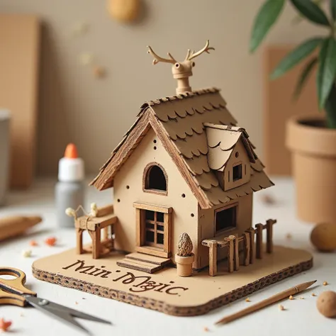 A creative and charming logo for 'DIY Mini Magic' featuring a tiny handcrafted miniature house made of wood and cardboard. The house has intricate details like small windows, a cozy roof, and realistic textures. Surrounding the house are subtle crafting to...