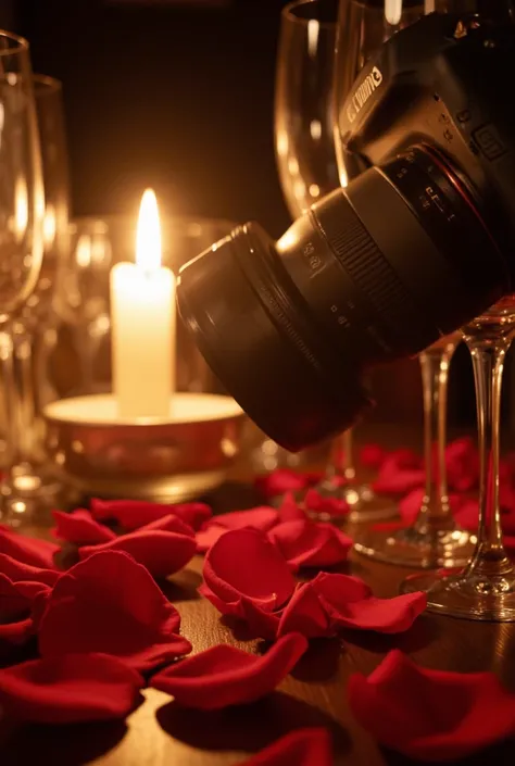 "Close-up photograph, flickering candlelight illuminating a table, wine glasses, scattered rose petals, **a camera with a macro lens pointed at the rose petals**, warm colors, intimate atmosphere, shallow depth of field, detailed textures, 8k, masterpiece"